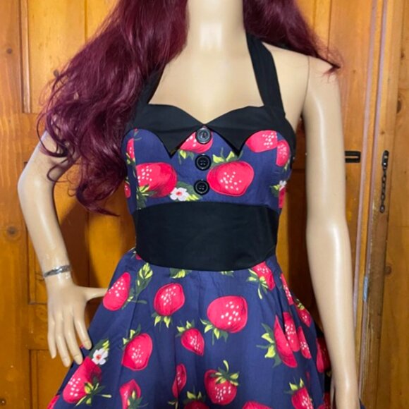 Women's Dress Retro Vintage Swing 1950's Halter strawberry print - Picture 2 of 4